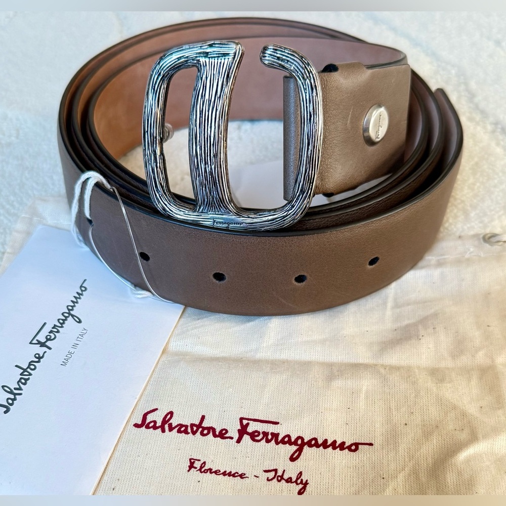 Salvatore Ferragamo Taupe Leather Belt with Textured Silver Buckle